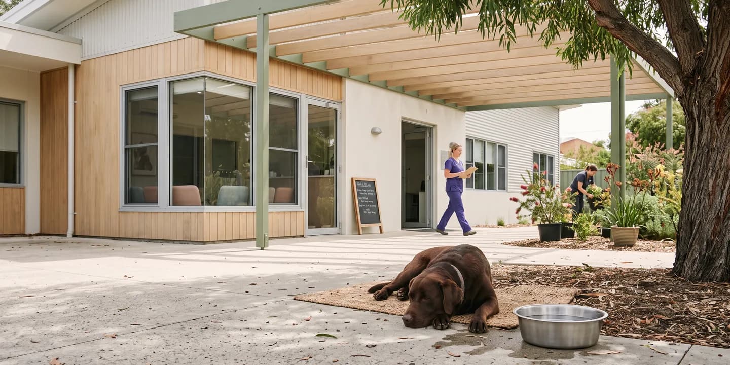 A dog resting in the shade beside a bowl of water on a hot day