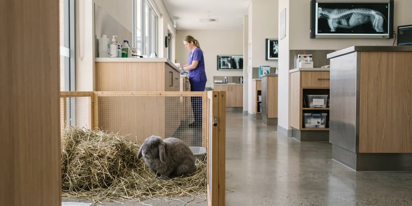 A lop-eared rabbit sitting in a large indoor pen beside a pile of hay