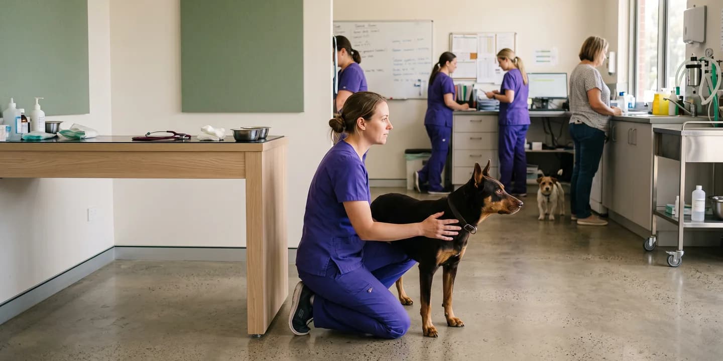 A vet kneeling beside a kelpie cross in a bright consult room