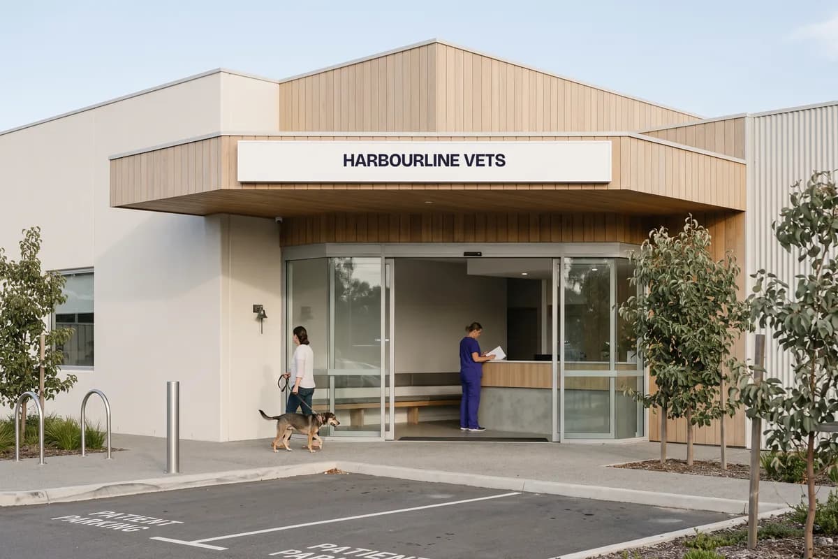 The Rockingham hospital, a newly built rendered building with a corner entry and young street trees