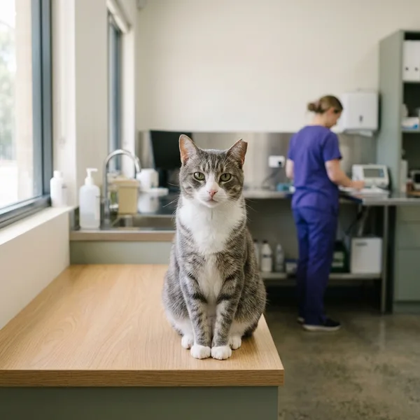 A domestic shorthair cat sitting upright on a pale timber surface in soft daylight