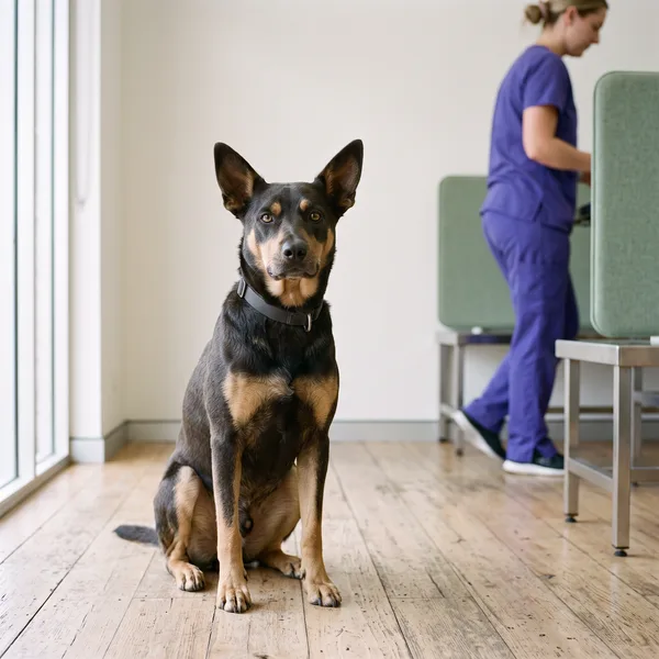 A kelpie cross sitting calmly and looking at the camera in soft daylight