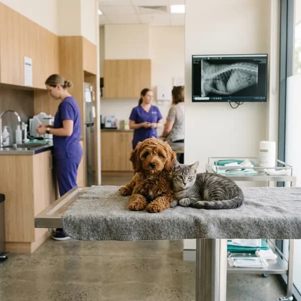 A cavoodle puppy and a kitten sitting side by side on a soft blanket