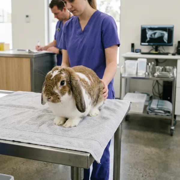 A lop-eared rabbit sitting on a soft towel with its ears relaxed