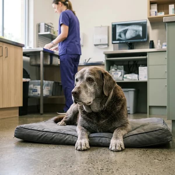 An older labrador with a greying muzzle resting on a padded mat