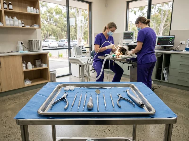 A veterinary dental instrument tray laid out on a sterile drape