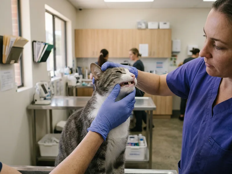 A gloved hand lifting a cat's lip to expose the gum line and premolars