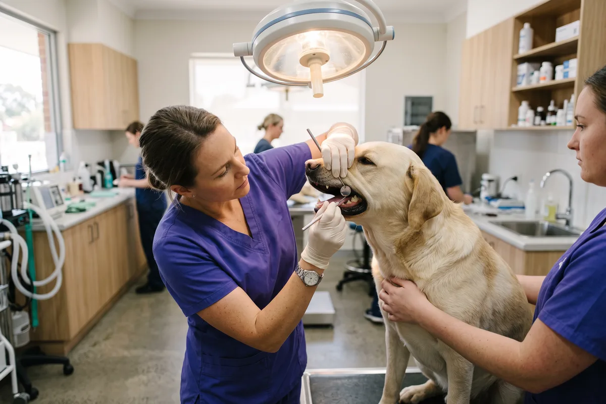 A vet examining a dog's back teeth with a dental mirror under a bright lamp