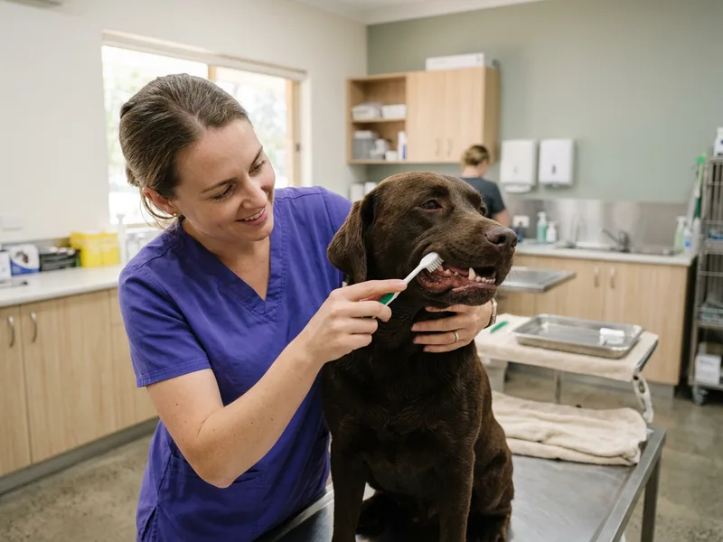An owner brushing a labrador's teeth with a soft veterinary brush
