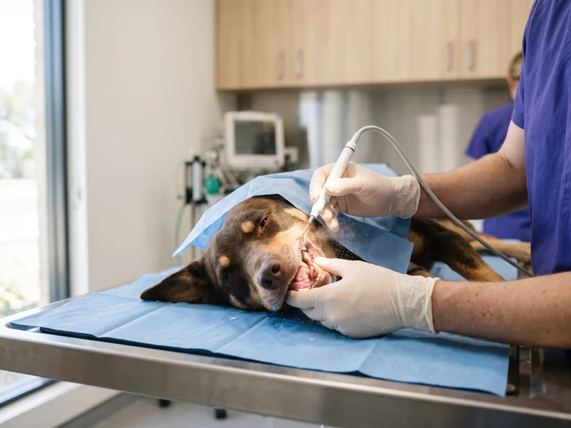 An ultrasonic dental scaler being used on an anaesthetised dog's canine tooth
