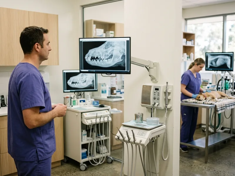 A dental radiograph on a screen beside a veterinary dental unit