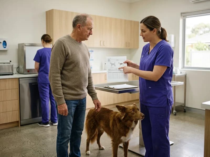 An owner and a vet talking over a printed chart with a dog standing between them
