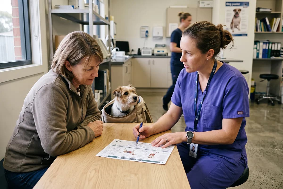 A vet in violet scrubs discussing a printed chart with an owner across a consult bench
