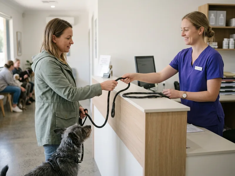 A nurse handing a dog's lead back to an owner at a reception desk