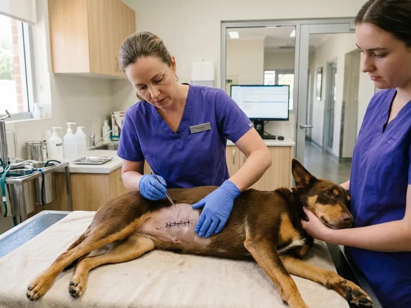 A vet examining a healing surgical wound on a dog's abdomen