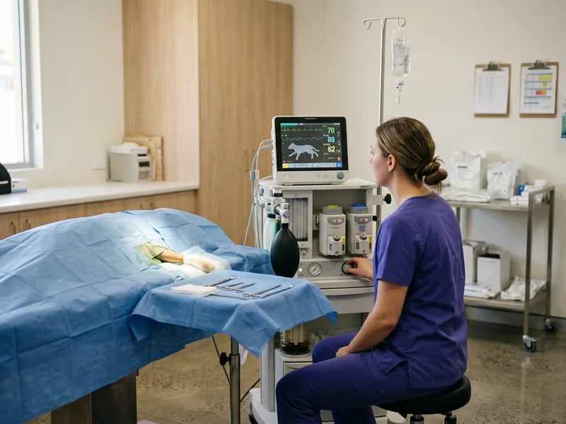 A veterinary nurse watching an anaesthetic monitor beside a draped surgical table