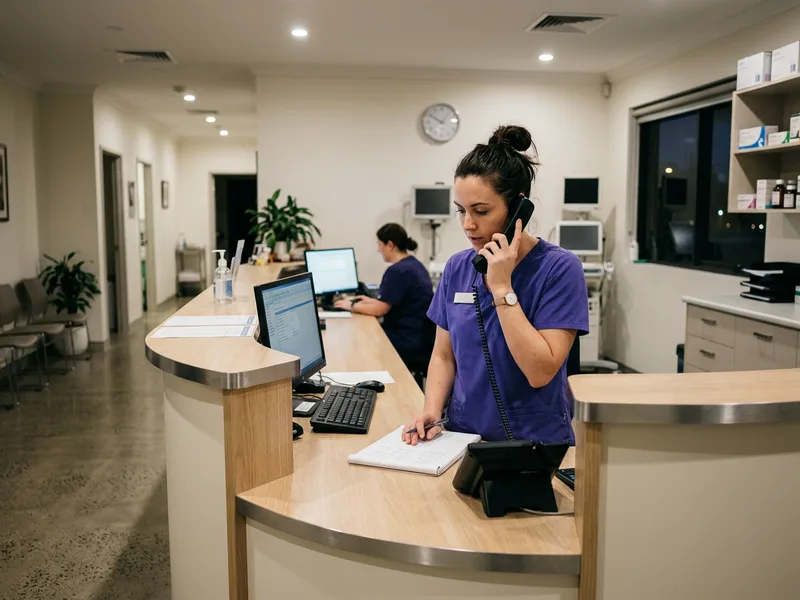 A nurse at a hospital reception desk taking a telephone call at night