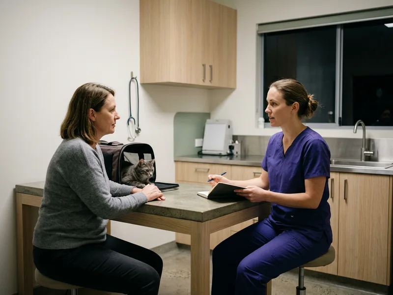 A vet talking with an owner across a quiet consulting room at night