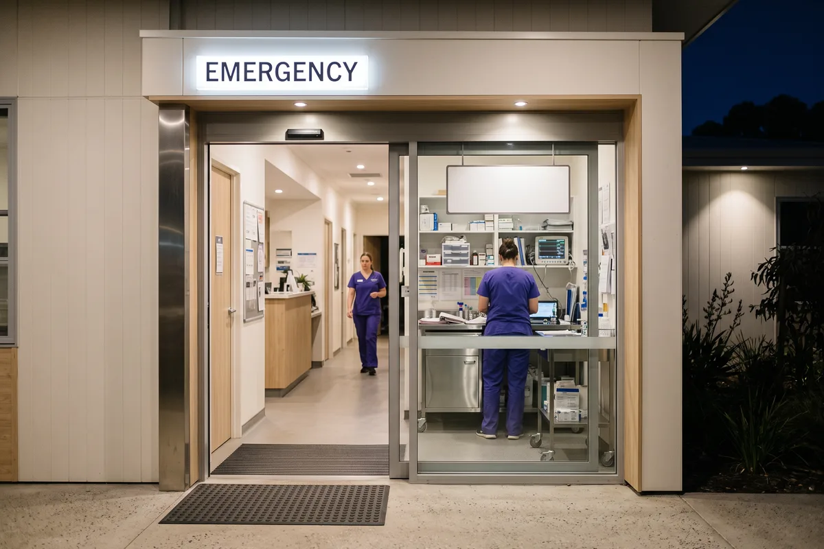 The lit entrance of the Fremantle hospital at night with the emergency door open