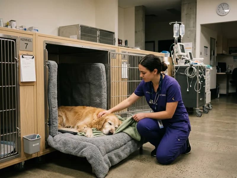 A nurse checking on a resting dog in a padded hospital kennel at night