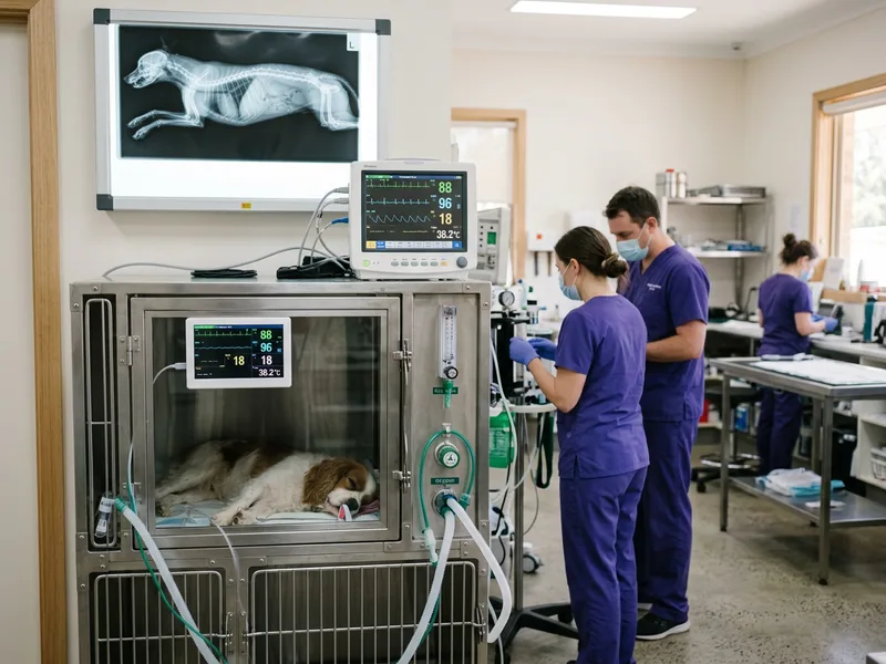 An oxygen cage with monitoring equipment in an emergency treatment area