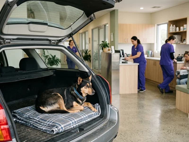 A dog resting on a blanket in the back of a car with the tailgate open