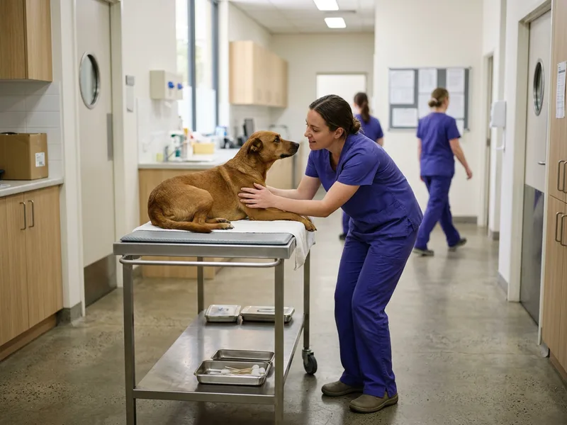 A nurse assessing a dog on a trolley in a hospital corridor