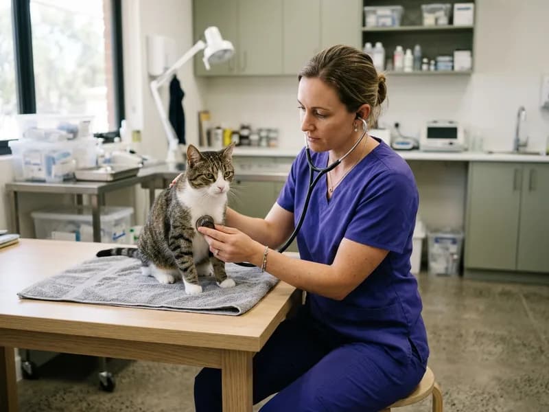 A vet with a stethoscope pressed to the chest of a calm domestic shorthair cat