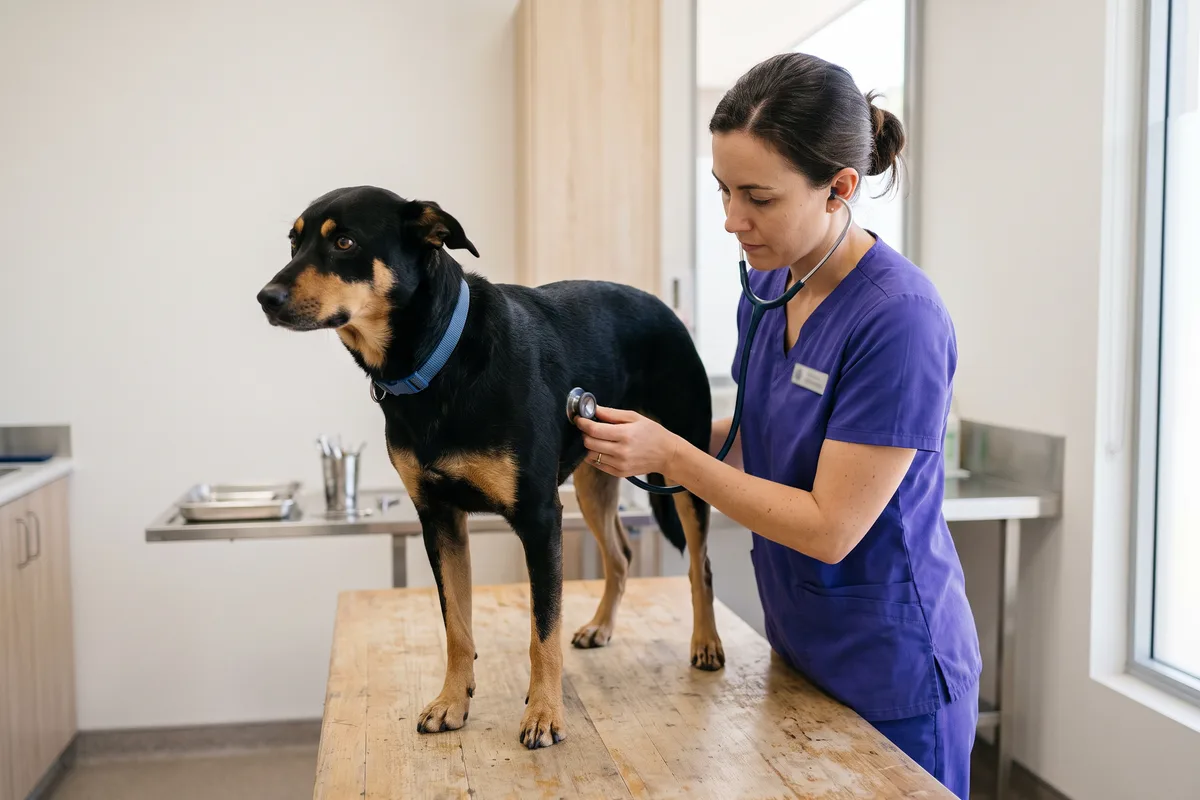 A vet listening to a kelpie cross with a stethoscope on a pale timber consult bench