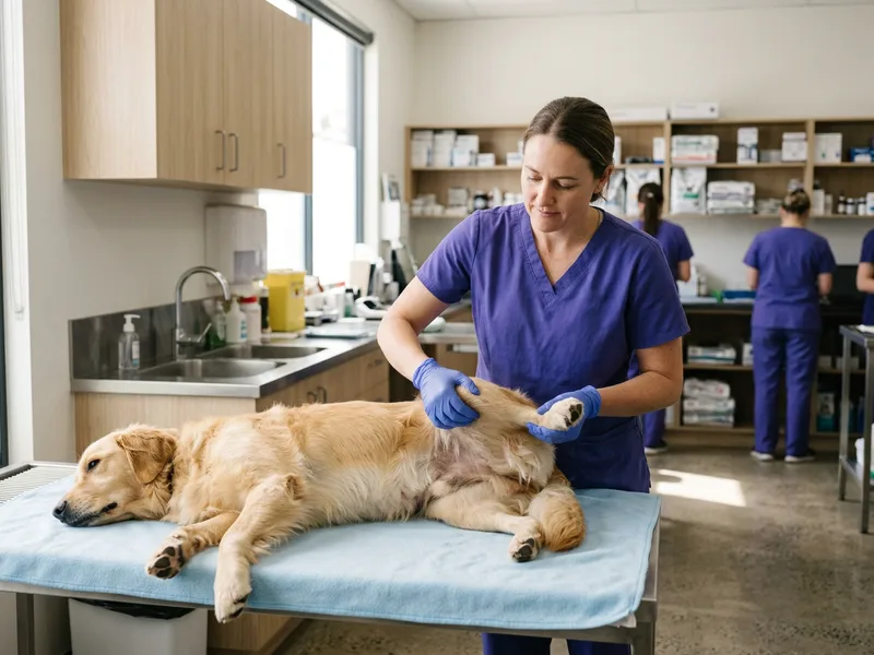A vet gently flexing the hind leg of a golden-coated dog lying on its side