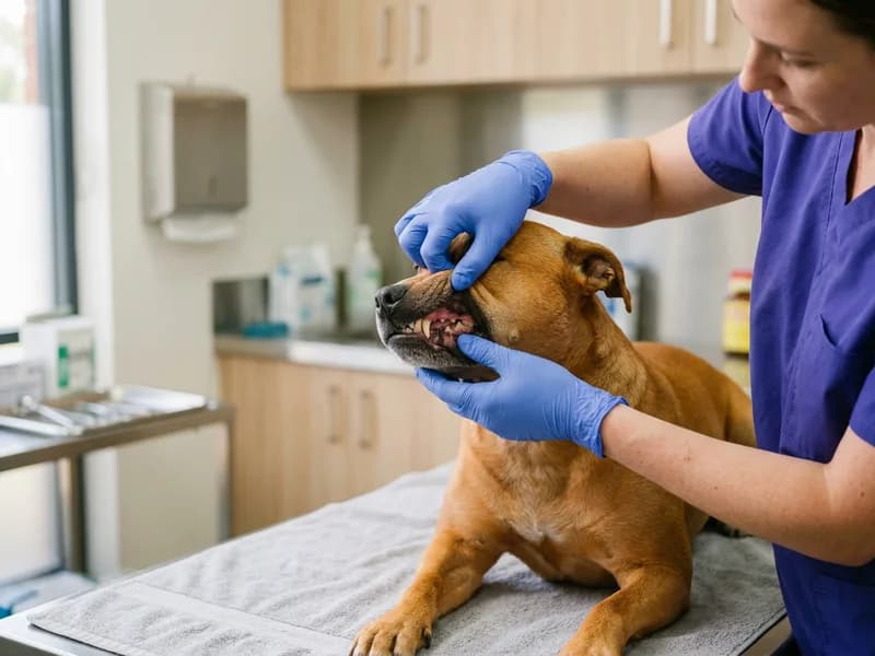 A gloved hand lifting a dog's lip to show the gum line