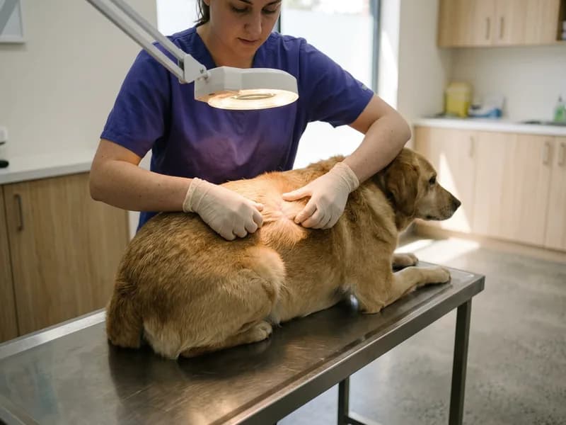 A nurse parting the coat along a dog's flank under a bright examination lamp