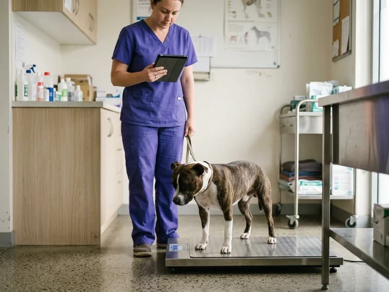 A staffy standing on a floor scale beside a nurse holding a tablet