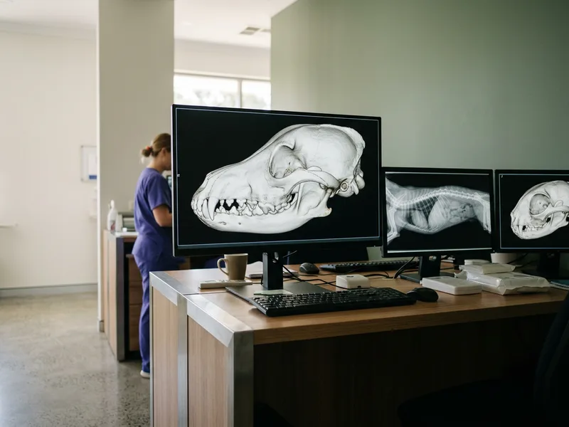 A three-dimensional CT reconstruction of a canine skull on a workstation screen