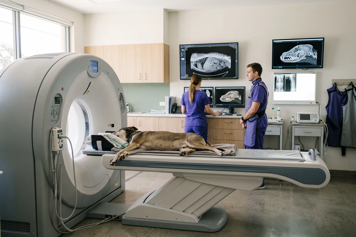 A veterinary CT scanner in a bright imaging suite with the patient table extended