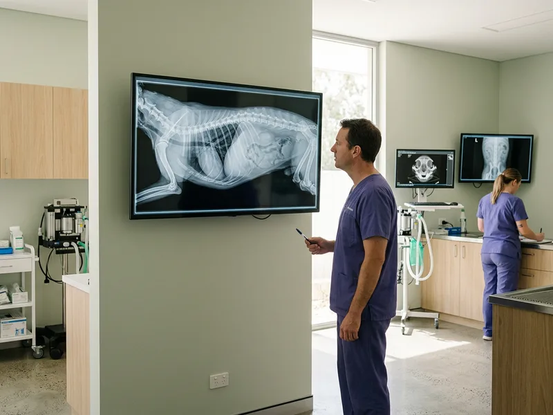 A digital radiograph of a dog's chest displayed on a wall monitor