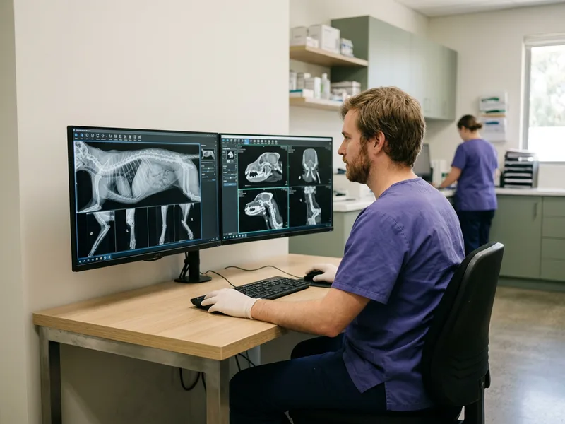 A radiologist reviewing imaging studies on a dual-monitor workstation