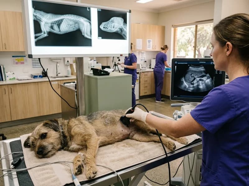 An ultrasound probe on the clipped abdomen of a calm dog lying on a padded table