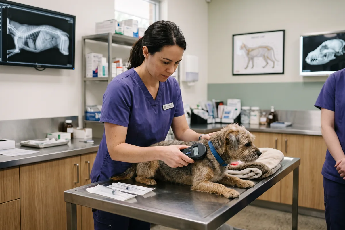 A vet scanning the shoulders of a small dog with a handheld microchip reader