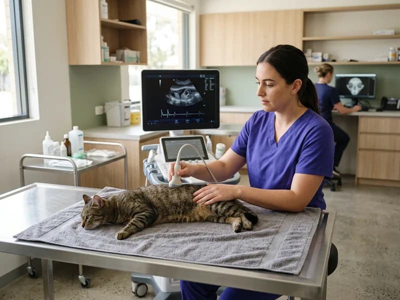 A nurse passing a scanner along the back of a cat lying on a towel