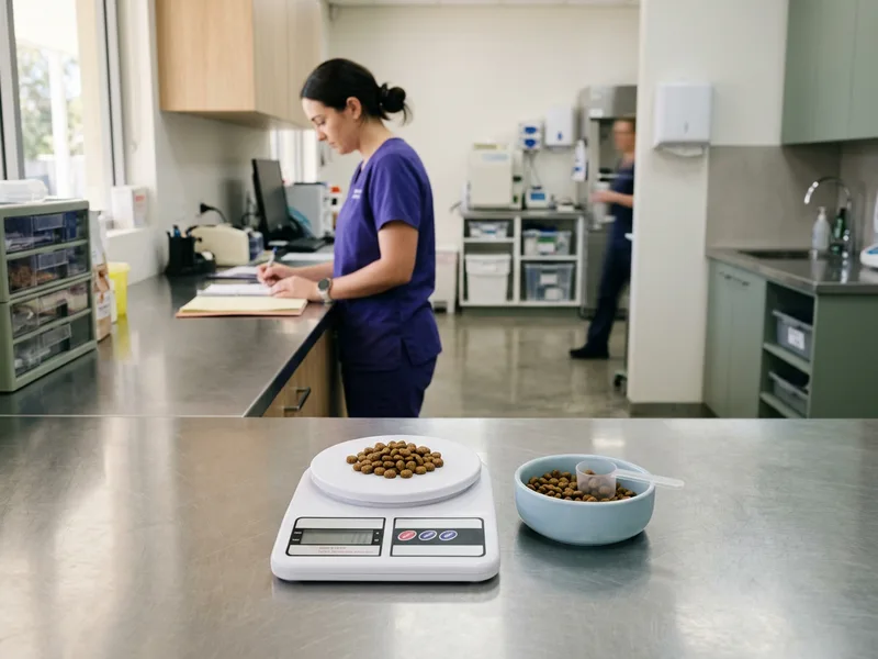 A kitchen scale with a measured portion of dry dog food beside a bowl