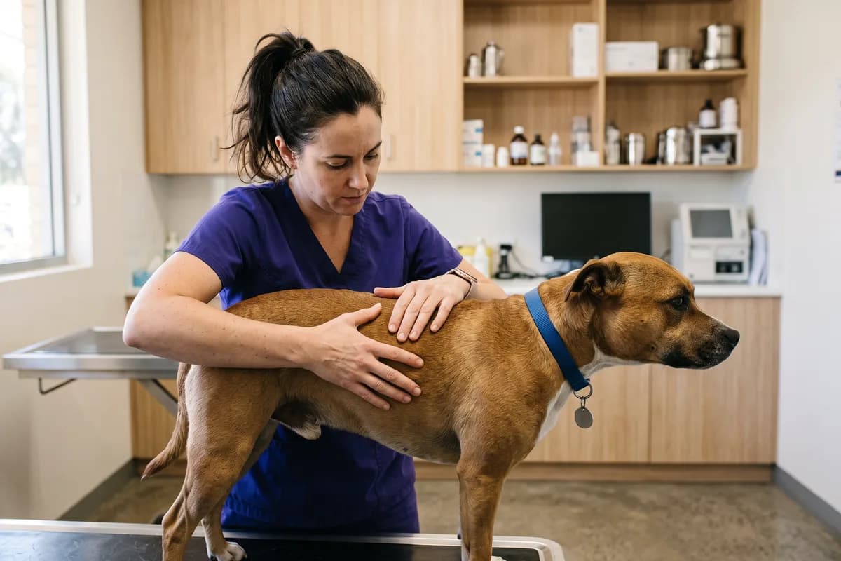 A nurse running both hands along a dog's ribs to score body condition