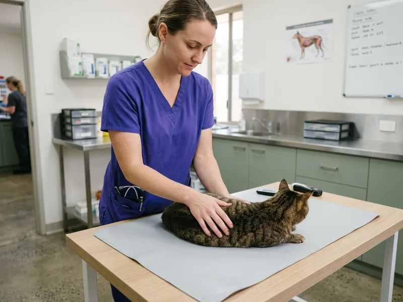 A nurse feeling along a cat's flank and spine on a consult table