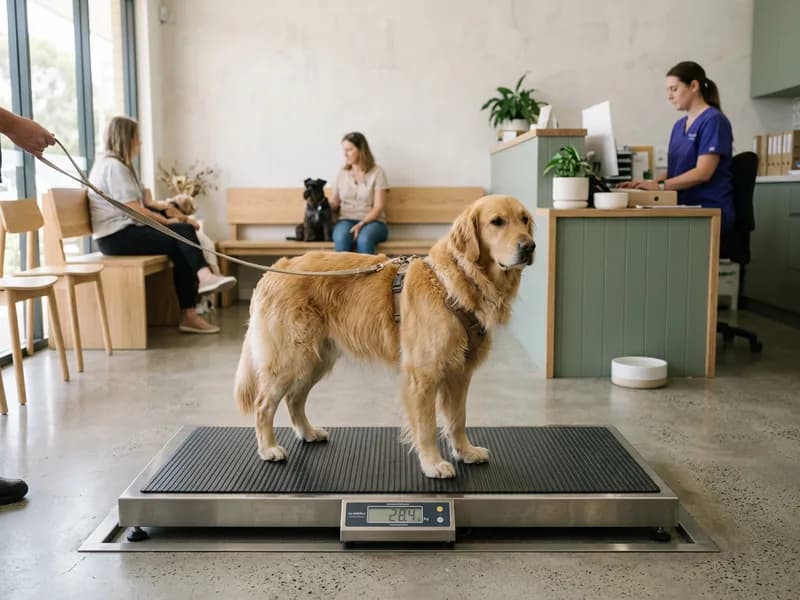 A dog standing on a walk-in floor scale in a clinic waiting area