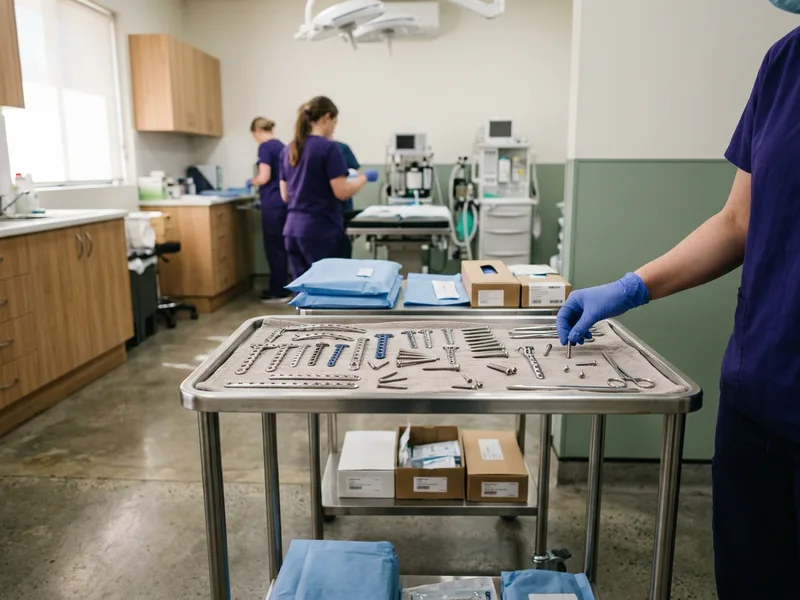 An orthopaedic instrument tray with bone plates and screws laid out