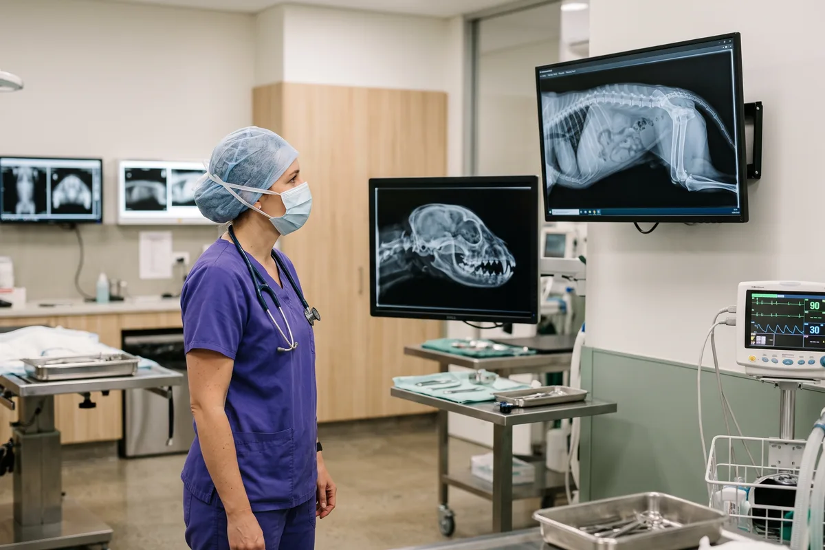 A surgeon reviewing a limb radiograph on a wall-mounted screen in a theatre