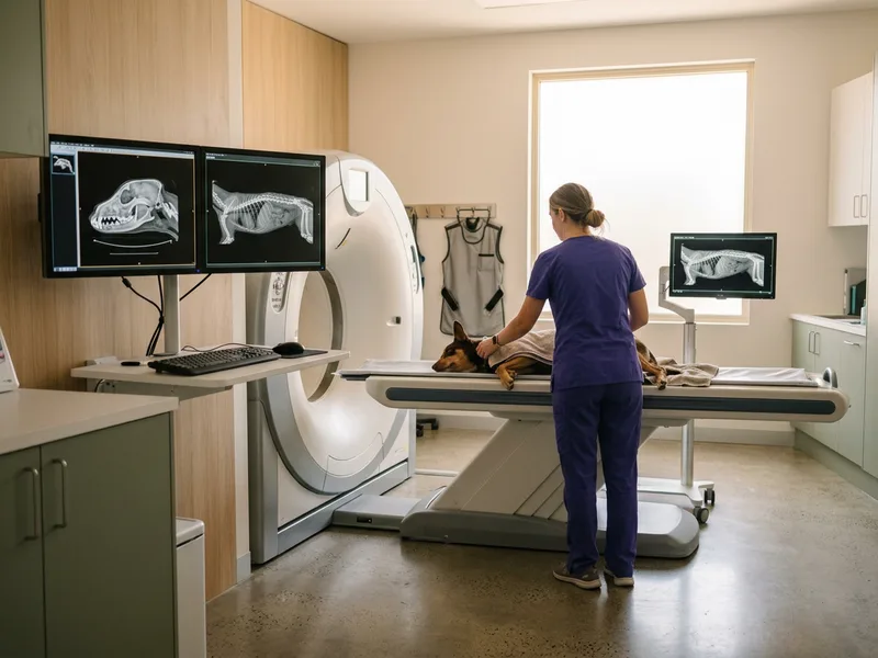 A CT scanner in a veterinary imaging suite with a patient table extended
