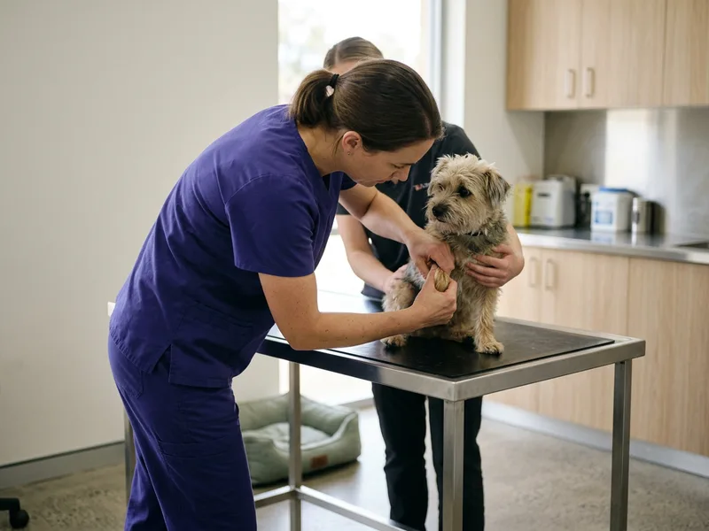 A vet flexing the stifle of a small dog during an orthopaedic examination