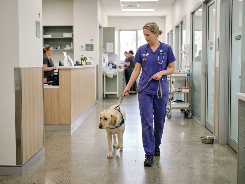 A dog walking slowly on a short lead beside a nurse in a clinic corridor