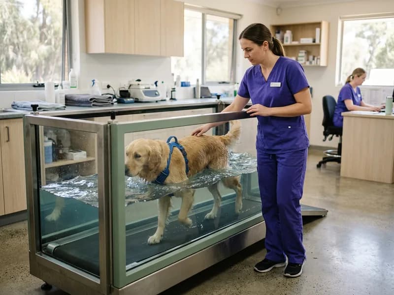 A dog walking in an underwater treadmill tank with a therapist alongside